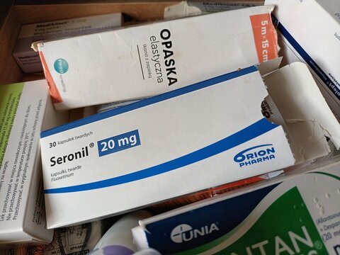 Seronil 20 mg Close-up of prescription medication in a drawer, illustrating healthcare and medicine concepts