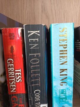 Close-up view of a selection of popular fiction books by renowned authors Tess Gerritsen, Ken Follett, and Stephen King on a bookshelf, showcasing diverse literary works