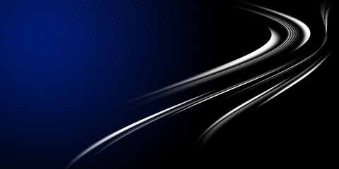 High-contrast abstract background dynamic composition curved motion lines dark gradient backdrop. Background transitions from deep royal blue on  left  pure black on right with subtle halftone