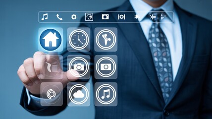 Modern businessman interacting with a futuristic interface, highlighting ease of use and digital transformation for business solutions and remote work success