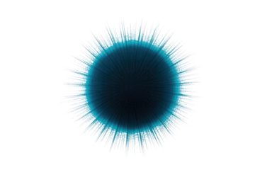 Abstract dark blue sphere with a spiky turquoise-white radiating halo against a dark transparent background. A stylized modern black hole or sea urchin design. background removed