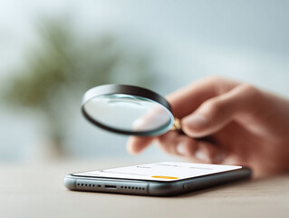 Person holding magnifying glass over smartphone. Represents research, investigation, searching, details, inspection, analysis, or discovery. Business, technology use.