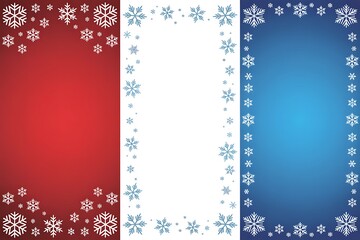Three vertical rectangular frames decorated with snowflakes in red, white, and blue.