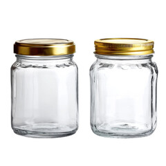 Two empty glass jars with gold lids placed side by side, ideal for storing food or decorative items