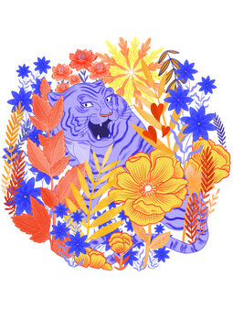 TIGER JUNGLE blue, YELLOW  and red flower