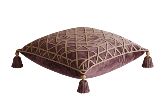A luxurious velvet pillow in a rich mauve hue, featuring intricate gold geometric patterns and decorative tassels on each corner, isolated. background removed