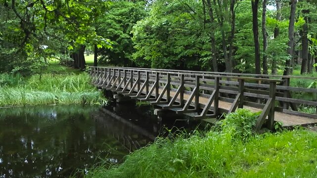 Old wooden brown colored bridge going over Amme river in Palamuse Estonia during a summer day with duckweed and water lilies on dark colored river water and lush green summer trees around.