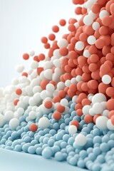 Abstract arrangement of tiny spherical particles forming a layered wave pattern. Nanotechnology concept with small round objects in blue, white, and coral shades.