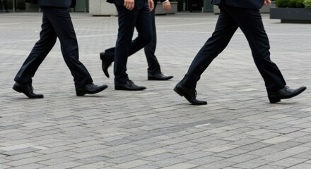 Three people walk on a paved surface wearing dark pants and shoes.