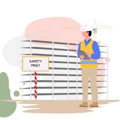 Flat vector of a safety inspector checking construction site with clipboard, wearing helmet and safety vest, &ldquo;Safety First&rdquo; sign, minimal pastel illustration, clean and modern style.