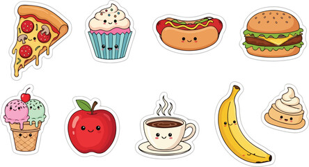 Vibrant food and drink sticker design with various ingredients