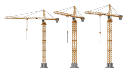 Three Yellow Construction Tower Cranes on Black Background