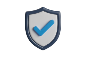 A 3D shield icon featuring a prominent blue checkmark, symbolizing protection, security, verification, and assured approval for digital and physical safety. background removed