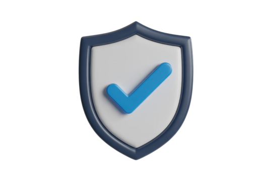 A 3D shield icon featuring a prominent blue checkmark, symbolizing protection, security, verification, and assured approval for digital and physical safety. background removed