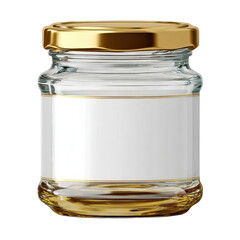 This clear glass jar features a gold lid and is ideal for storing homemade jams or spices in the kitchen