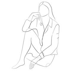 A young woman wearing a shirt and with her hair down, sitting in a casual pose one line drawing on white isolated background 