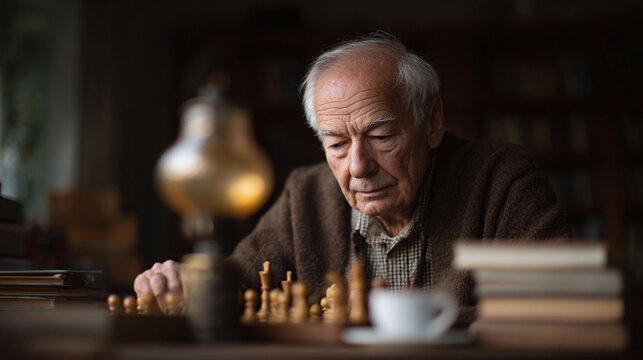 Thoughtful senior man deeply contemplating a chess game in a cozy, dimly lit room. Evokes intelligence, wisdom, and strategic thinking. Ideal for articles on aging, hobbies, or cognitive health.