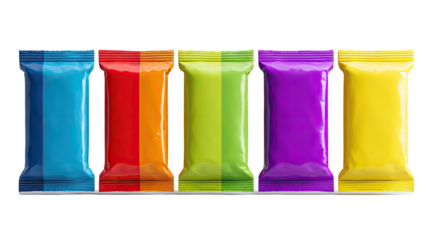 Five colorful foil wrapped rectangle packages in a row
