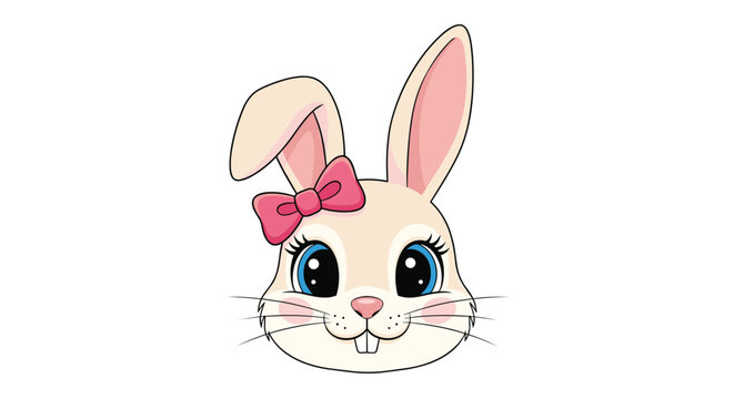 A charming cartoon bunny head with large blue eyes, a sweet pink bow, and a happy expression, isolated on a white background.