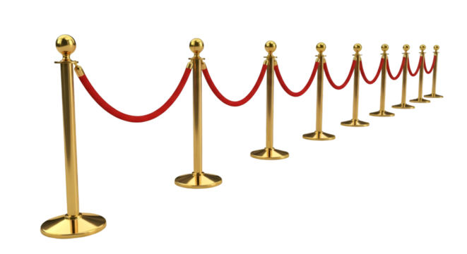 Golden Stanchions with Red Velvet Ropes on Black rope barrier