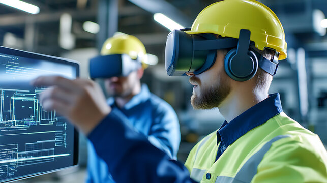 Two engineers in a factory using VR headsets to review digital blueprints on a tablet, enhancing collaboration and precision. Modern technology drives efficiency. - Powered by Adobe