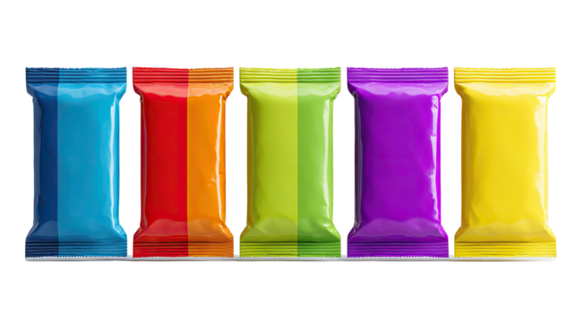 Five colorful foil wrapped rectangle packages in a row - Powered by Adobe