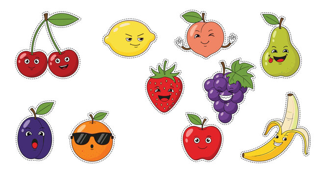 A vibrant collection of cute cartoon fruit characters with diverse, expressive faces and sticker-like outlines.