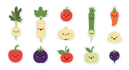 Fototapeta premium Vibrant collection of cute kawaii vegetable character stickers with smiling faces, isolated on white, great for children's themes or healthy eating designs.
