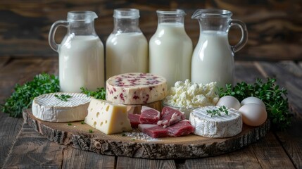 Artisan dairy and meat selection on rustic wooden board showcasing healthy protein rich options