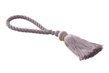 A graceful lilac-purple decorative tassel with a braided rope loop, refined finial, and gold accents, ideal for elegant interiors. background removed