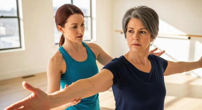 Female yoga instructor assists senior woman practicing balancing pose in bright fitness studio on a sunny day