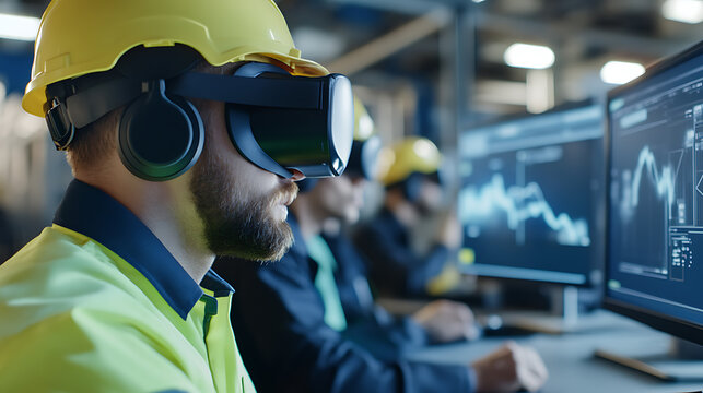 Innovative workers utilizing VR headsets and safety helmets in a manufacturing setting, monitoring data on computer screens, enhancing precision and efficiency in operations. - Powered by Adobe