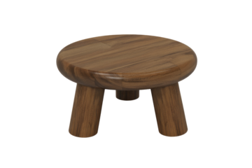 A compact, round wooden stool featuring a smooth, dark brown finish and three sturdy, splayed legs. Minimalist design for versatile use. background removed