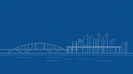 Naklejka premium Stunning blueprint style skyline with modern architecture and iconic bridge, perfect for engineering presentations, architectural design firms, or urban planning projects