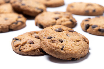 Baked chocolate chip cookies isolated on white background