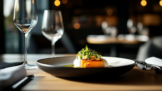 Gourmet plated dish with microgreens at a restaurant. Fine dining with elegant plating and wine glasses. The focus is on the food and presentation.