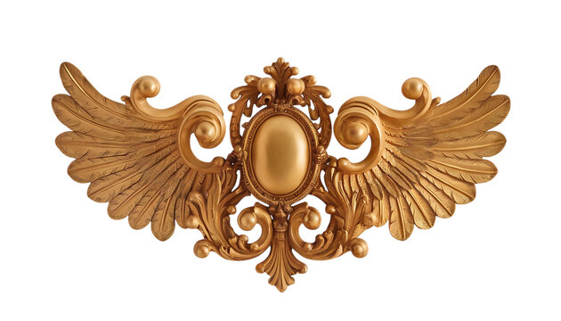 Ornate golden winged emblem, with oval center and decorative flourishes, cutout, PNG isolated on white or transparent background