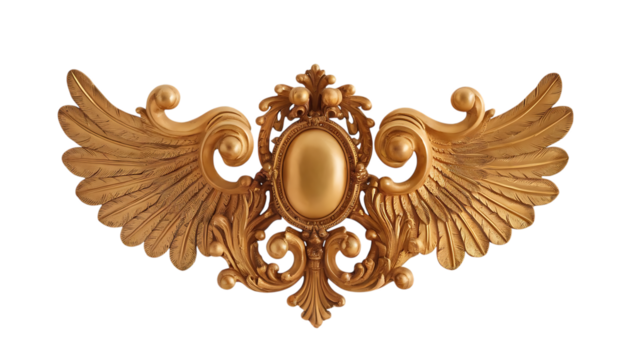 Ornate golden winged emblem, with oval center and decorative flourishes, cutout, PNG isolated on white or transparent background