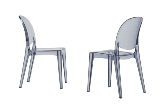 Two elegant, modern translucent grey chairs with sleek design, showcasing contemporary furniture style and minimalist aesthetic against a solid background. background removed