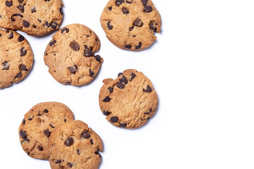 Baked chocolate chip cookies isolated on white background