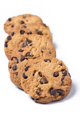 Baked chocolate chip cookies isolated on white background
