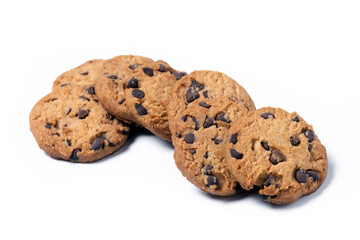 Baked chocolate chip cookies isolated on white background