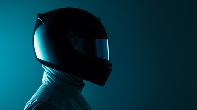 A person wearing a dark helmet, possibly a racer or pilot, stands in profile against a blue background. The helmet's sleek design suggests speed and high performance.