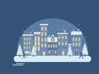 Flat vector illustration of a snowy winter cityscape at night. Quiet Christmas or New Year night in the city with snow and lights. Winter town street scene with people, snow-covered buildings, trees