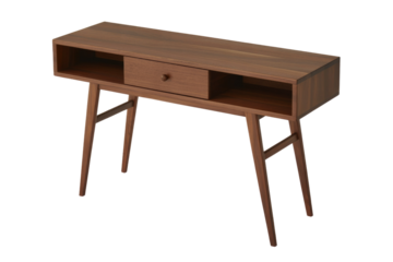 Elegant narrow console table featuring a single drawer, open shelves, and tapered legs, in a mid-century modern wood finish, isolated. background removed