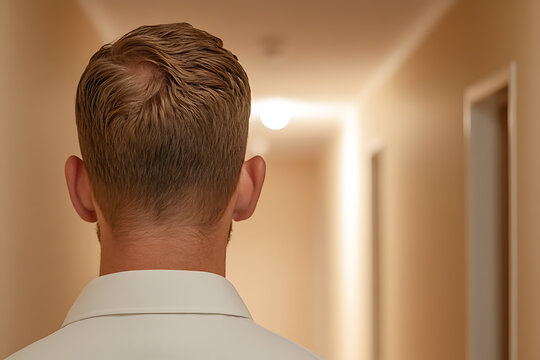 A man stands in a hallway, gazing into the distance, unaware of the challenges that lie ahead. He is brave and determined. Ready for what's next. An introspective moment.