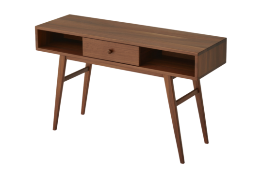 Elegant narrow console table featuring a single drawer, open shelves, and tapered legs, in a mid-century modern wood finish, isolated. background removed