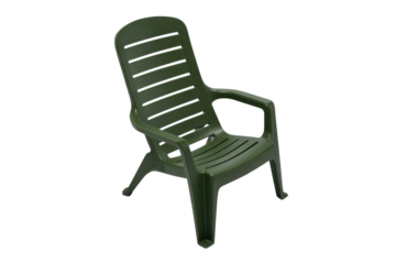 A dark green plastic outdoor chair with slatted back and seat, perfect for garden, patio, or poolside relaxation. Durable and weather-resistant furniture. background removed