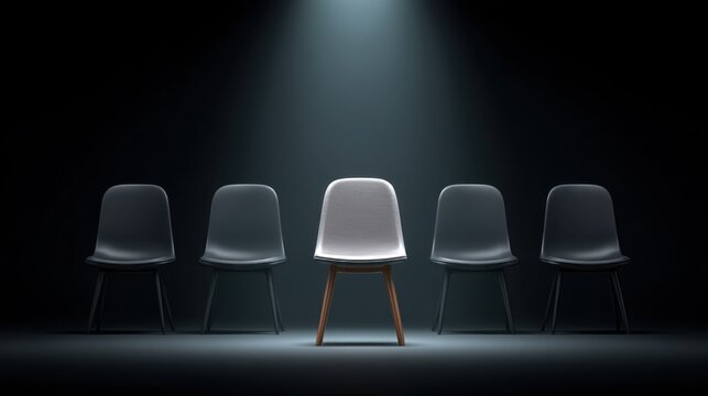 Minimalistic Scene with Spotlight on Single Chair Surrounded by Dark Chairs, Evoking Concepts of Selection and Focus in Hiring Process