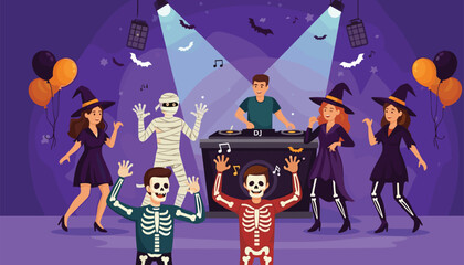 Spooky Halloween party with DJ and ghoulish costumes for a hauntingly good time, perfect for event promotions or social media campaigns